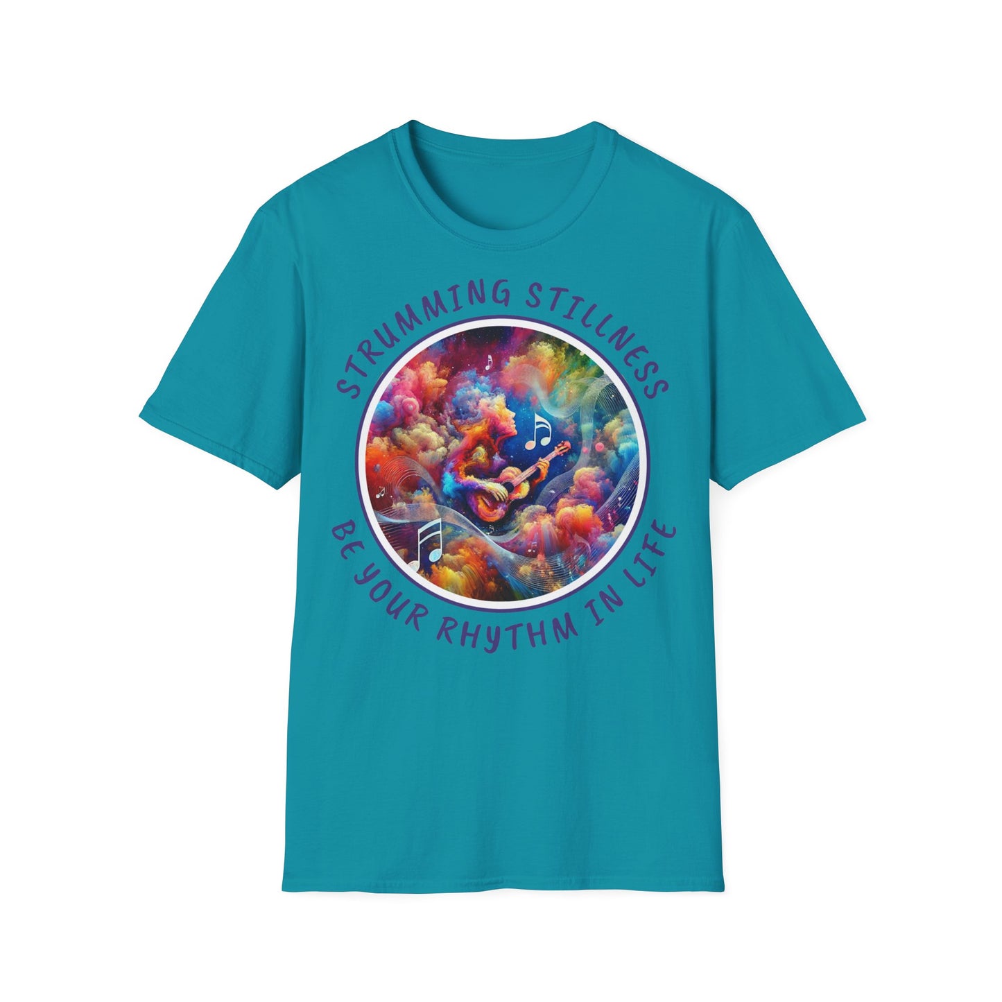 PoM's Mindfulness & Music collection ... "STRUMMING STILLNESS" T-Shirt (Unisex, Softstyle, 100% Cotton, up to 5 sizes and 11 colours)