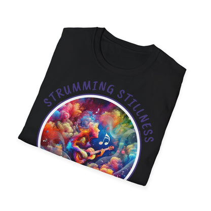 PoM's Mindfulness & Music collection ... "STRUMMING STILLNESS" T-Shirt (Unisex, Softstyle, 100% Cotton, up to 5 sizes and 11 colours)