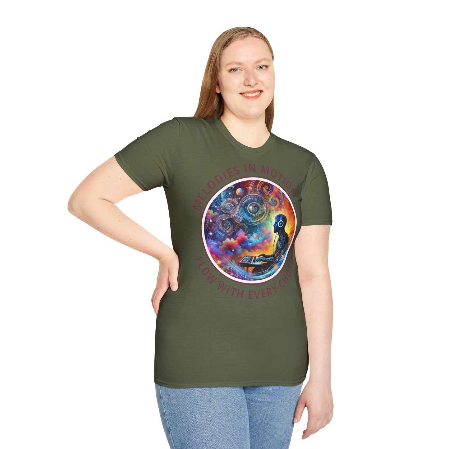 PoM's Mindfulness & Music collection ... "MELODIES IN MOTION" T-Shirt (Unisex, Softstyle, 100% Cotton, up to 5 sizes and up to 13 colours)