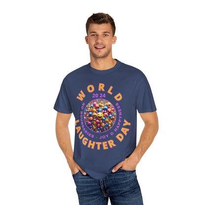 PoM's series Mindfulness & Self motivation ... World LAUGHTER Day ... Unisex Garment-Dyed T-shirt (100% pre-shrunk cotton, soft washed - six sizes (S-3XL), 9 background colours)