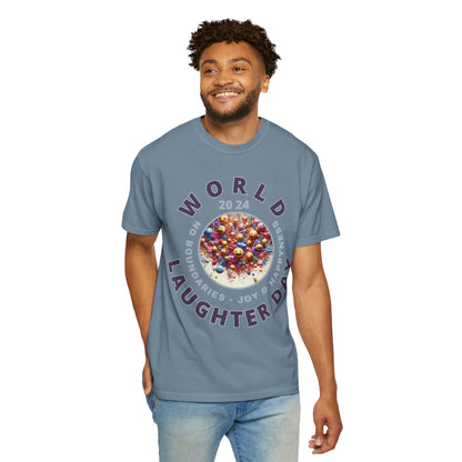 PoM's series Mindfulness & Self motivation ... World LAUGHTER Day ... Unisex Garment-Dyed T-shirt (100% pre-shrunk cotton, soft washed - six sizes (S-3XL), 16 background colours)