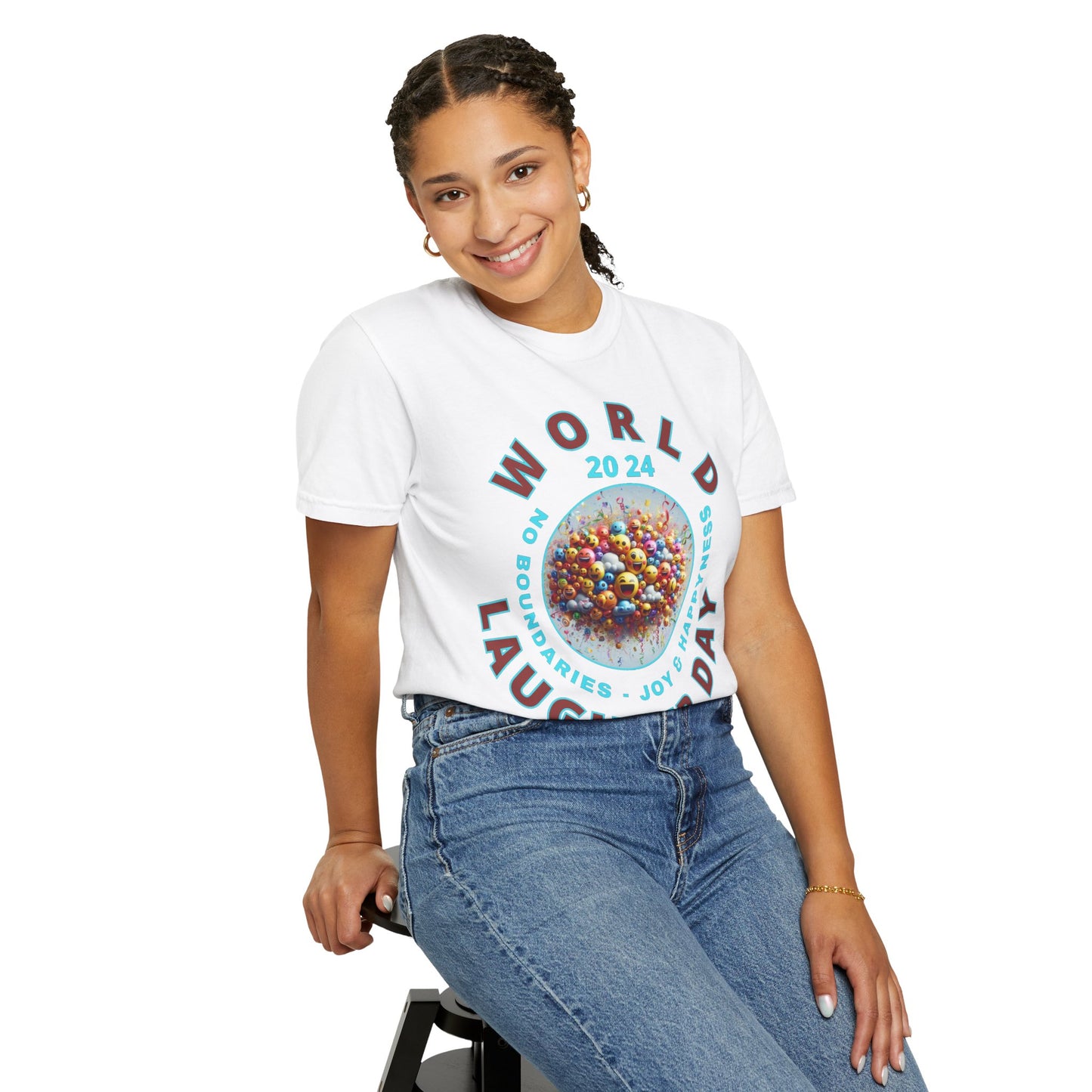 PoM's series Mindfulness & Self motivation ... World LAUGHTER Day ... Unisex Garment-Dyed T-shirt (100% pre-shrunk cotton, soft washed - six sizes (S-3XL), 13 background colours)