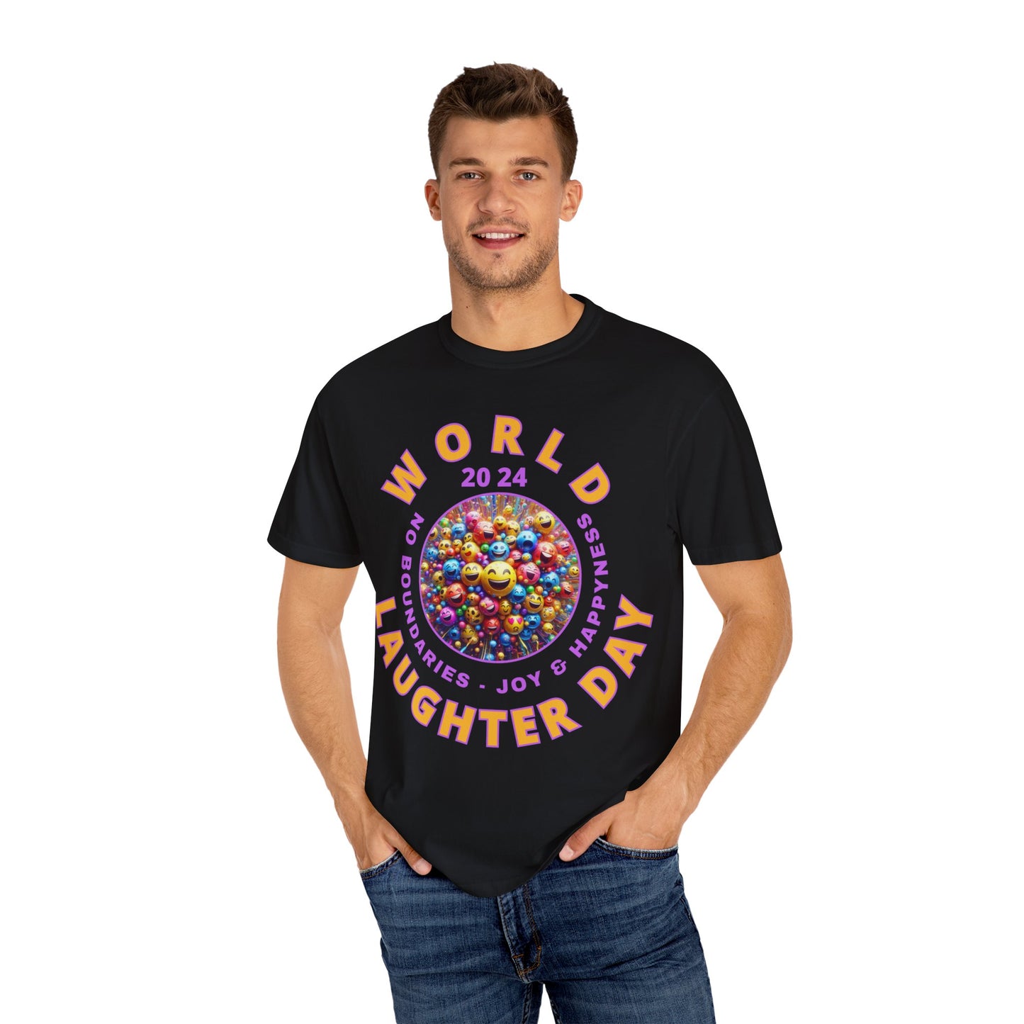 PoM's series Mindfulness & Self motivation ... World LAUGHTER Day ... Unisex Garment-Dyed T-shirt (100% pre-shrunk cotton, soft washed - six sizes (S-3XL), 9 background colours)