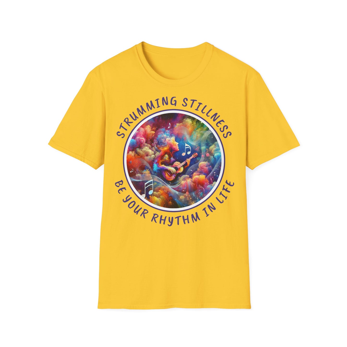 PoM's Mindfulness & Music collection ... "STRUMMING STILLNESS" T-Shirt (Unisex, Softstyle, 100% Cotton, up to 5 sizes and 11 colours)