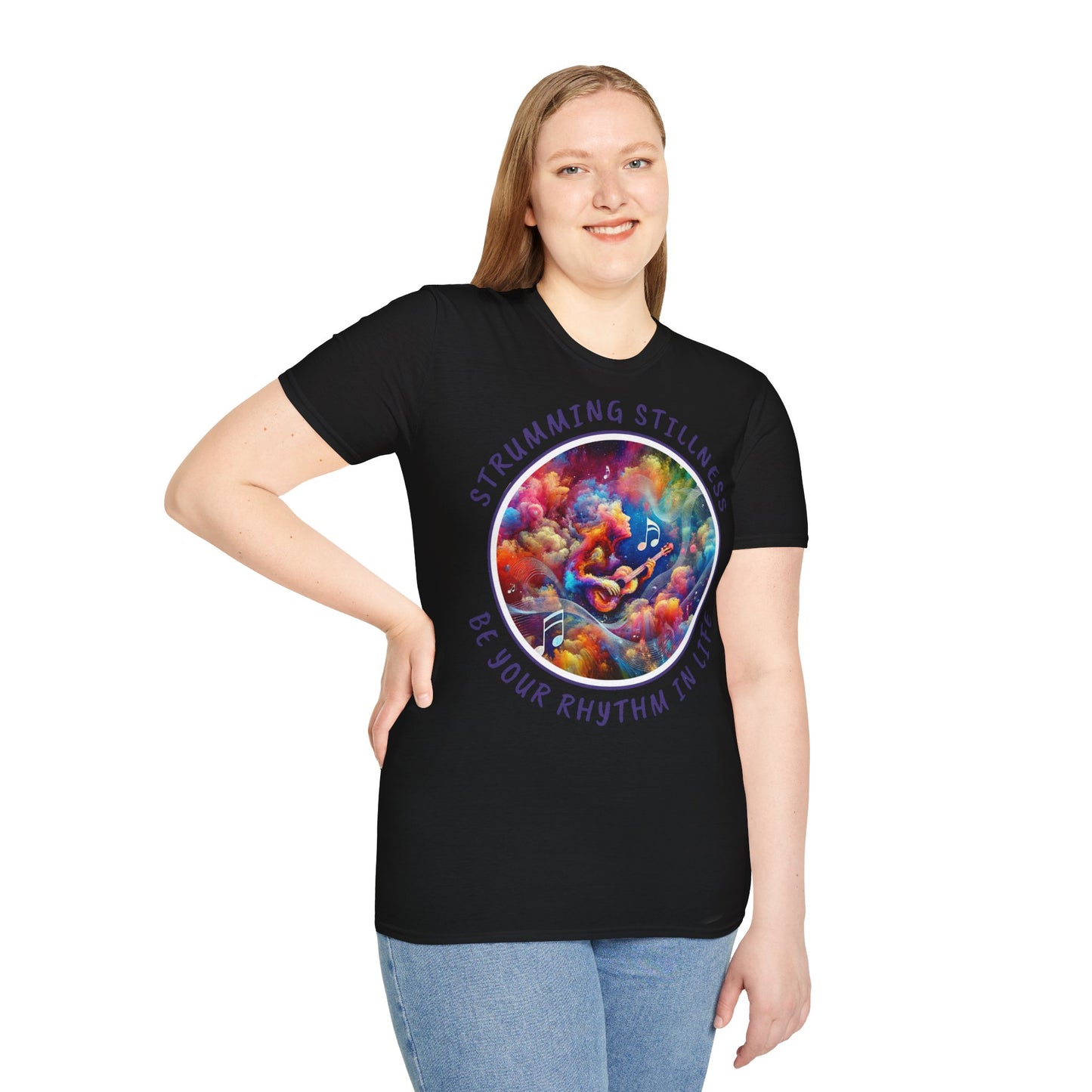 PoM's Mindfulness & Music collection ... "STRUMMING STILLNESS" T-Shirt (Unisex, Softstyle, 100% Cotton, up to 5 sizes and 11 colours)