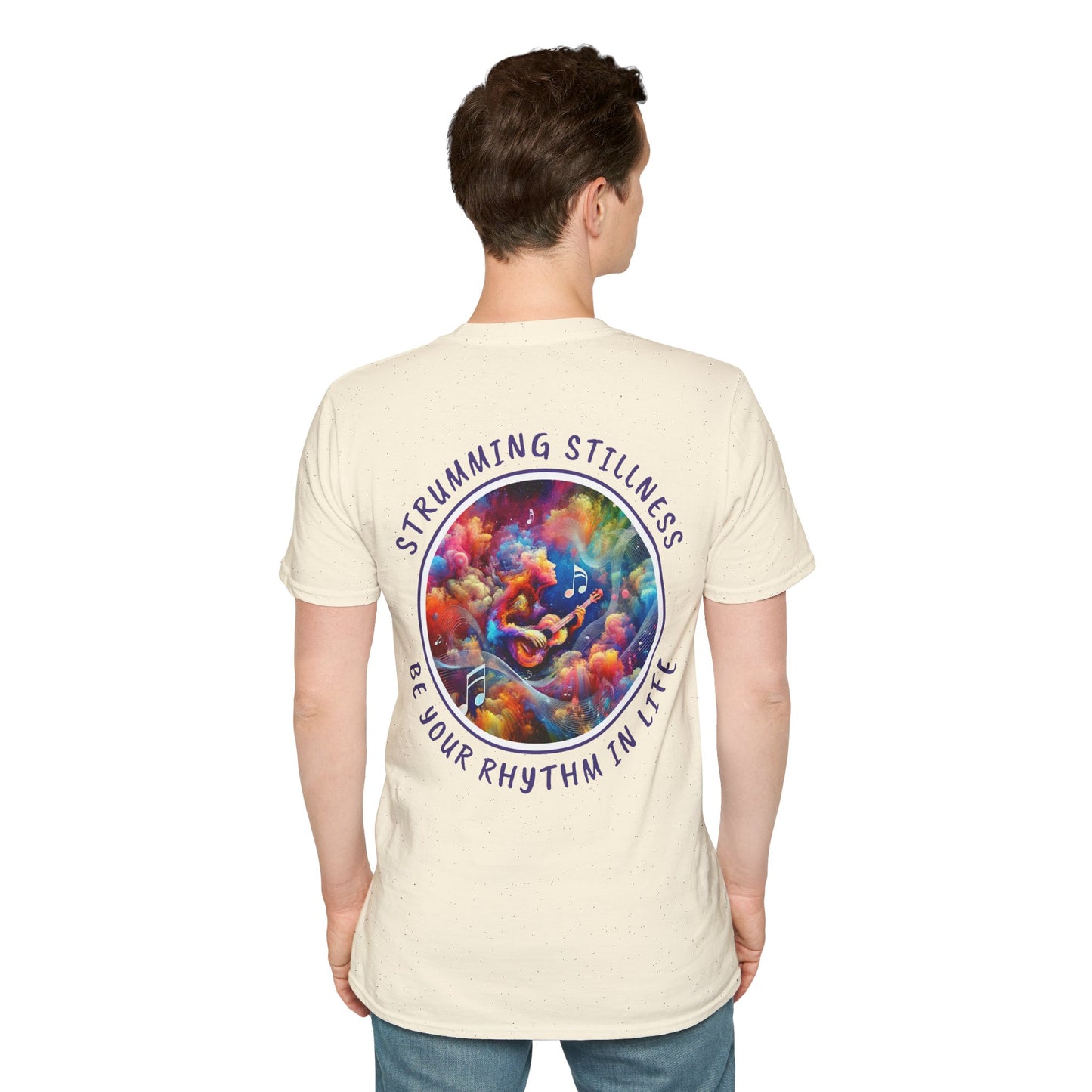 PoM's Mindfulness & Music collection ... "STRUMMING STILLNESS" T-Shirt (Unisex, Softstyle, 100% Cotton, up to 5 sizes and 11 colours)