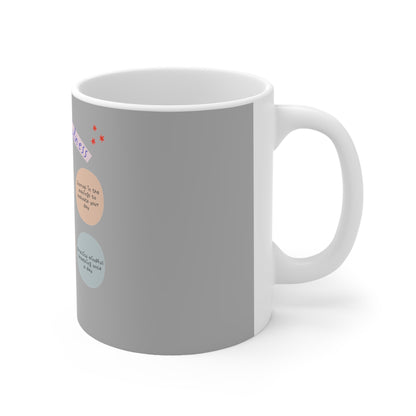 PoM's Mindfulness series ... "Daily Mindfulness (6 x care taking)" ... Silver grey / White Ceramic Mug (11oz / 0.33 l, BPA and lead-free, microwave & dishwasher-safe)