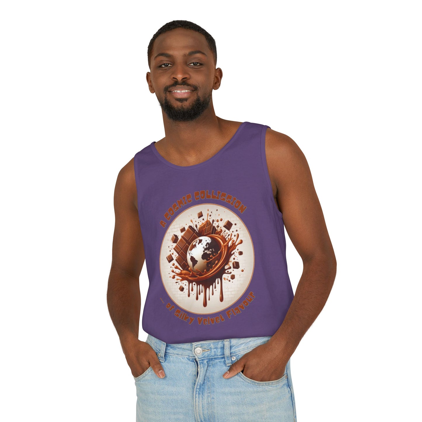 PoM's Fun & Joy for a Happy Life Collection ... COSMIC COLLISION ... Garment-Dyed TANK Top (unisex, 100% cotton, 7 sizes, up to 16 colors)