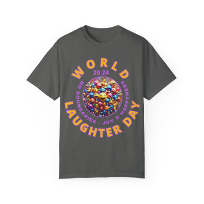 PoM's series Mindfulness & Self motivation ... World LAUGHTER Day ... Unisex Garment-Dyed T-shirt (100% pre-shrunk cotton, soft washed - six sizes (S-3XL), 9 background colours)