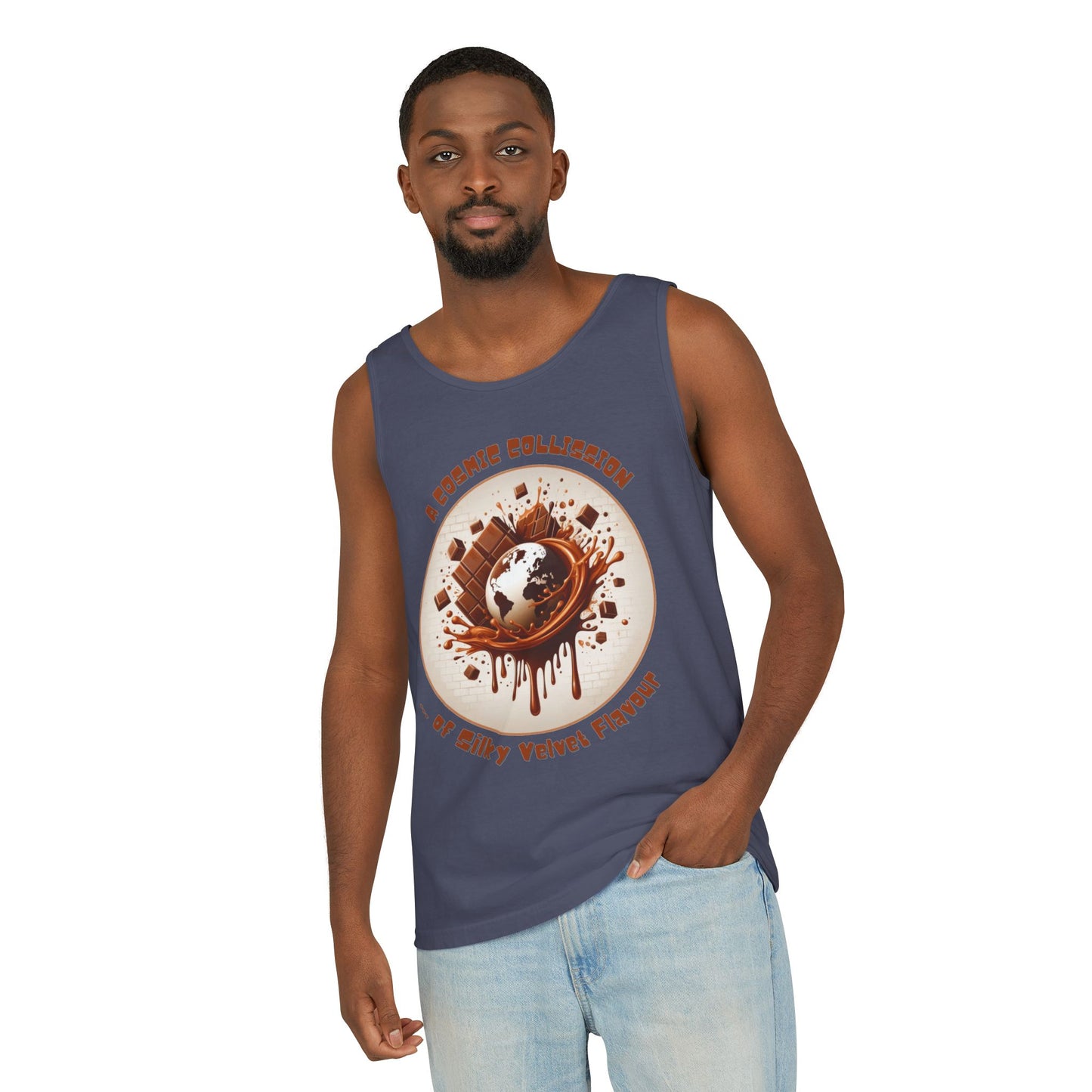 PoM's Fun & Joy for a Happy Life Collection ... COSMIC COLLISION ... Garment-Dyed TANK Top (unisex, 100% cotton, 7 sizes, up to 16 colors)