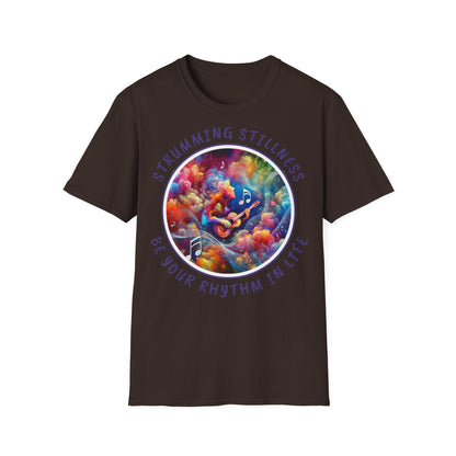 PoM's Mindfulness & Music collection ... "STRUMMING STILLNESS" T-Shirt (Unisex, Softstyle, 100% Cotton, up to 5 sizes and 11 colours)