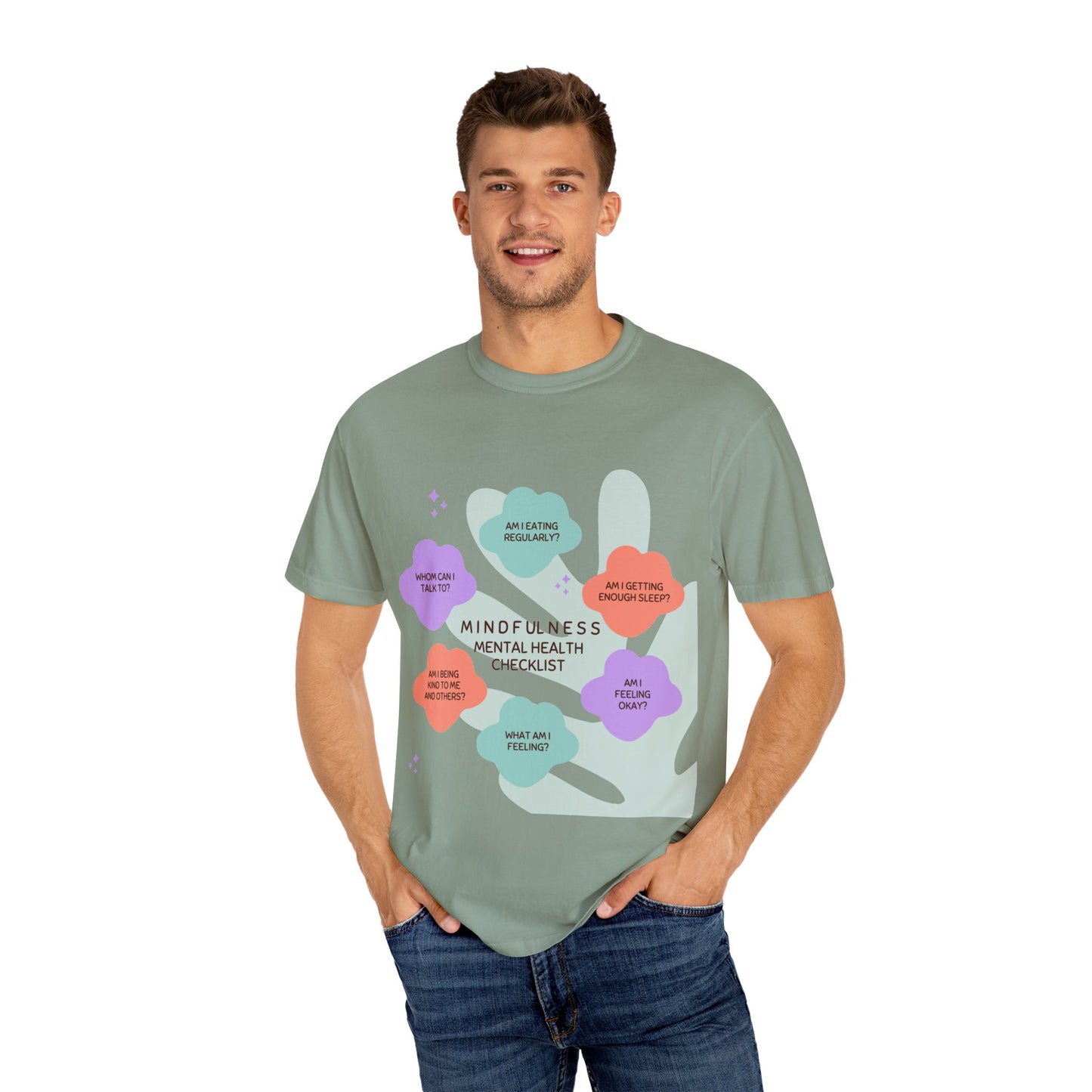 PoM's Mindfulness series ... "Mental Health Check" ... Unisex Garment-Dyed T-shirt (100% pre-shrunk cotton, soft washed - six sizes (S-3XL), 9 background colours)