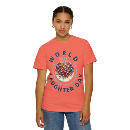 PoM's series Mindfulness & Self motivation ... World LAUGHTER Day ... Unisex Garment-Dyed T-shirt (100% pre-shrunk cotton, soft washed - six sizes (S-3XL), 16 background colours)