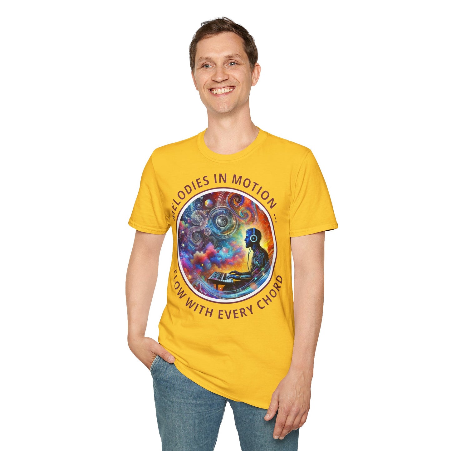 PoM's Mindfulness & Music collection ... "MELODIES IN MOTION" T-Shirt (Unisex, Softstyle, 100% Cotton, up to 5 sizes and up to 13 colours)