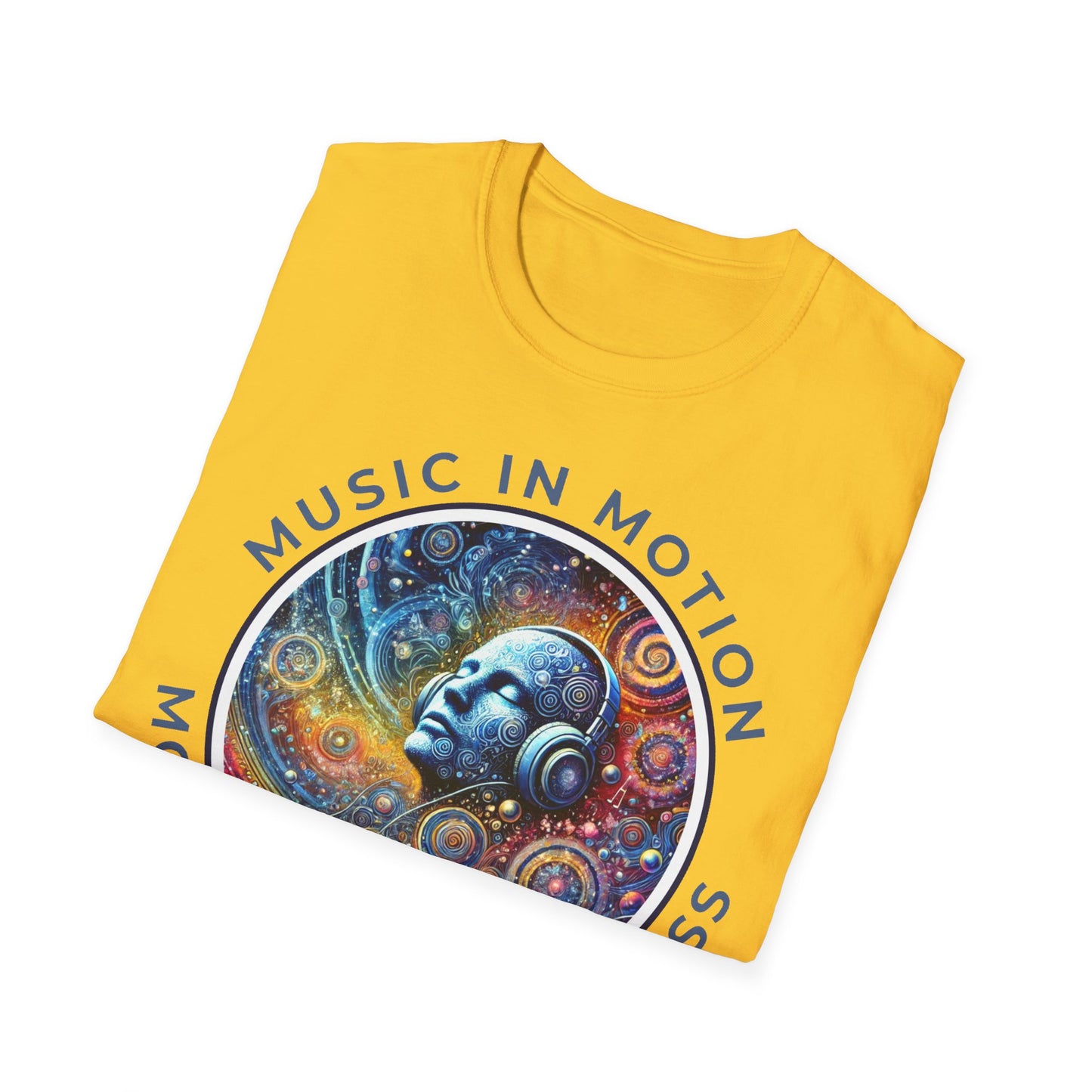 PoM's Music for Mindfulness Collection ... "MUSIC IN MOTION ..." T-Shirt (Unisex, Softstyle, 100% Cotton, up to 5 sizes and 11 colours)