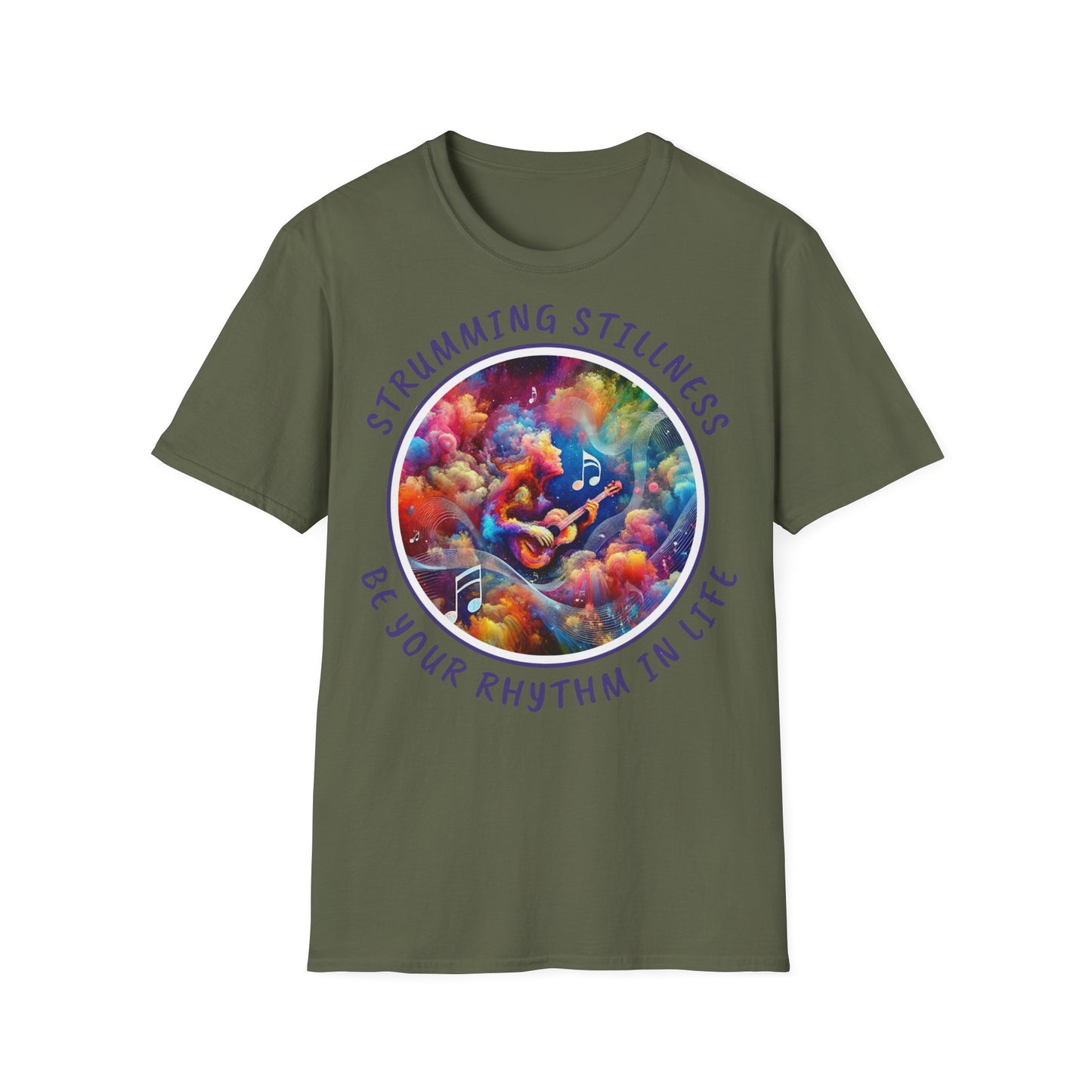 PoM's Mindfulness & Music collection ... "STRUMMING STILLNESS" T-Shirt (Unisex, Softstyle, 100% Cotton, up to 5 sizes and 11 colours)