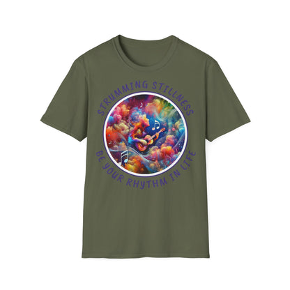 PoM's Mindfulness & Music collection ... "STRUMMING STILLNESS" T-Shirt (Unisex, Softstyle, 100% Cotton, up to 5 sizes and 11 colours)