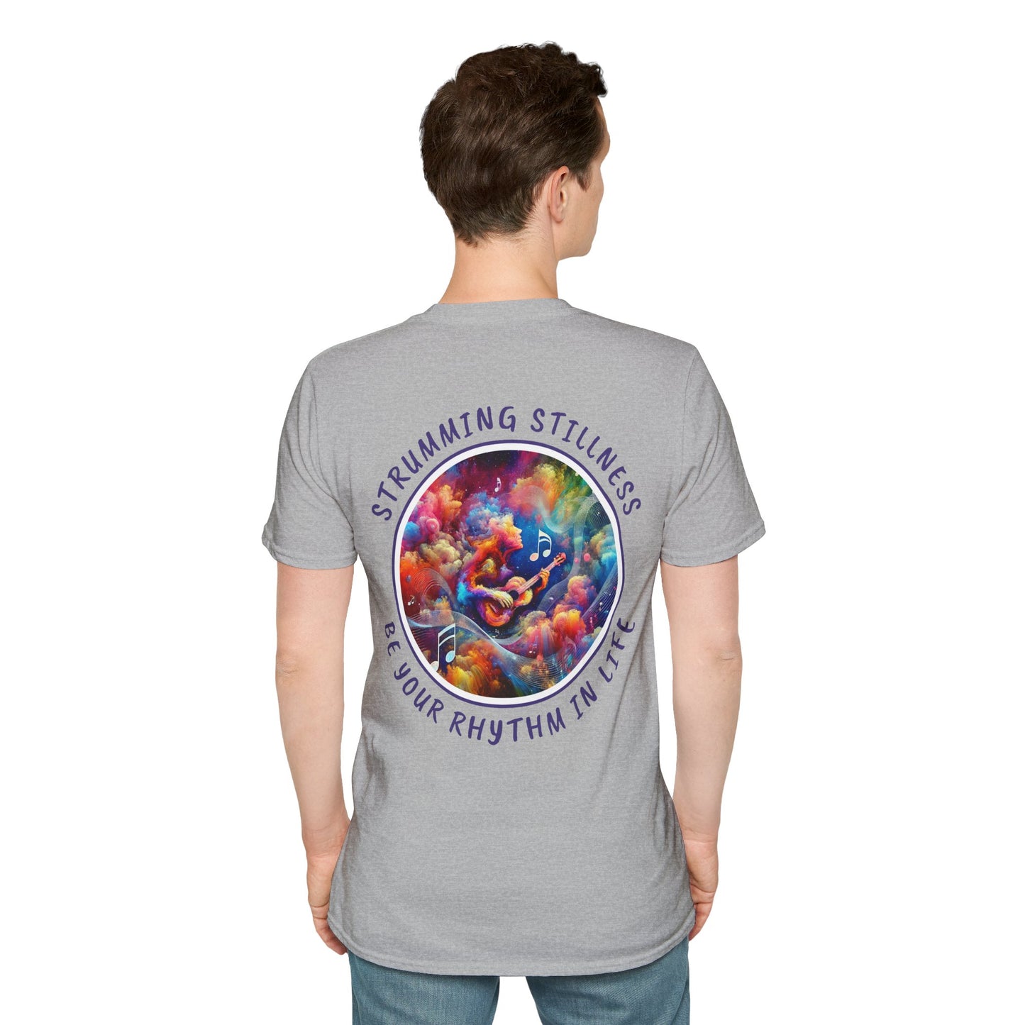 PoM's Mindfulness & Music collection ... "STRUMMING STILLNESS" T-Shirt (Unisex, Softstyle, 100% Cotton, up to 5 sizes and 11 colours)