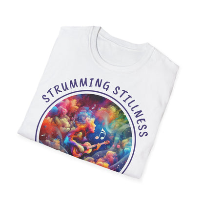 PoM's Mindfulness & Music collection ... "STRUMMING STILLNESS" T-Shirt (Unisex, Softstyle, 100% Cotton, up to 5 sizes and 11 colours)