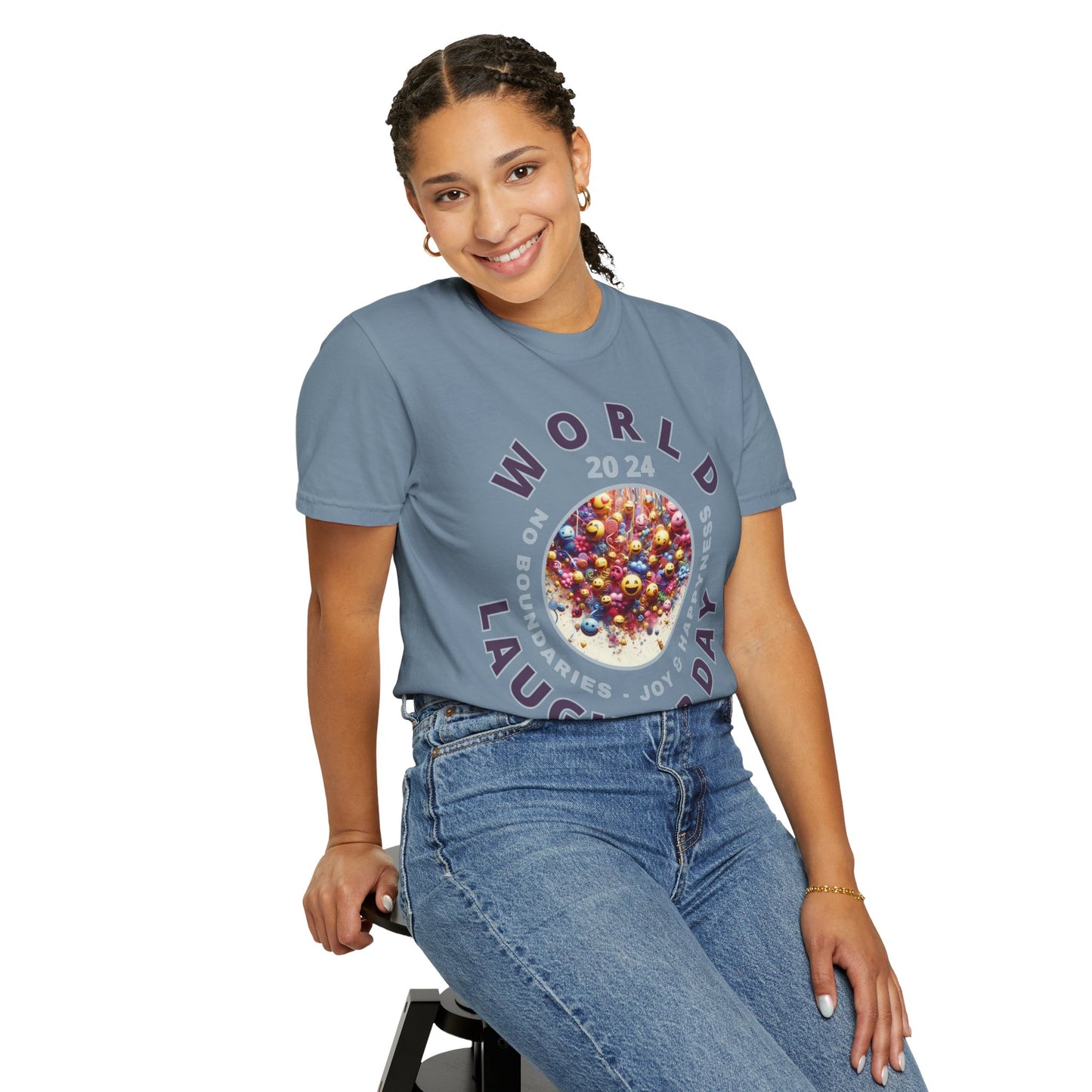 PoM's series Mindfulness & Self motivation ... World LAUGHTER Day ... Unisex Garment-Dyed T-shirt (100% pre-shrunk cotton, soft washed - six sizes (S-3XL), 16 background colours)