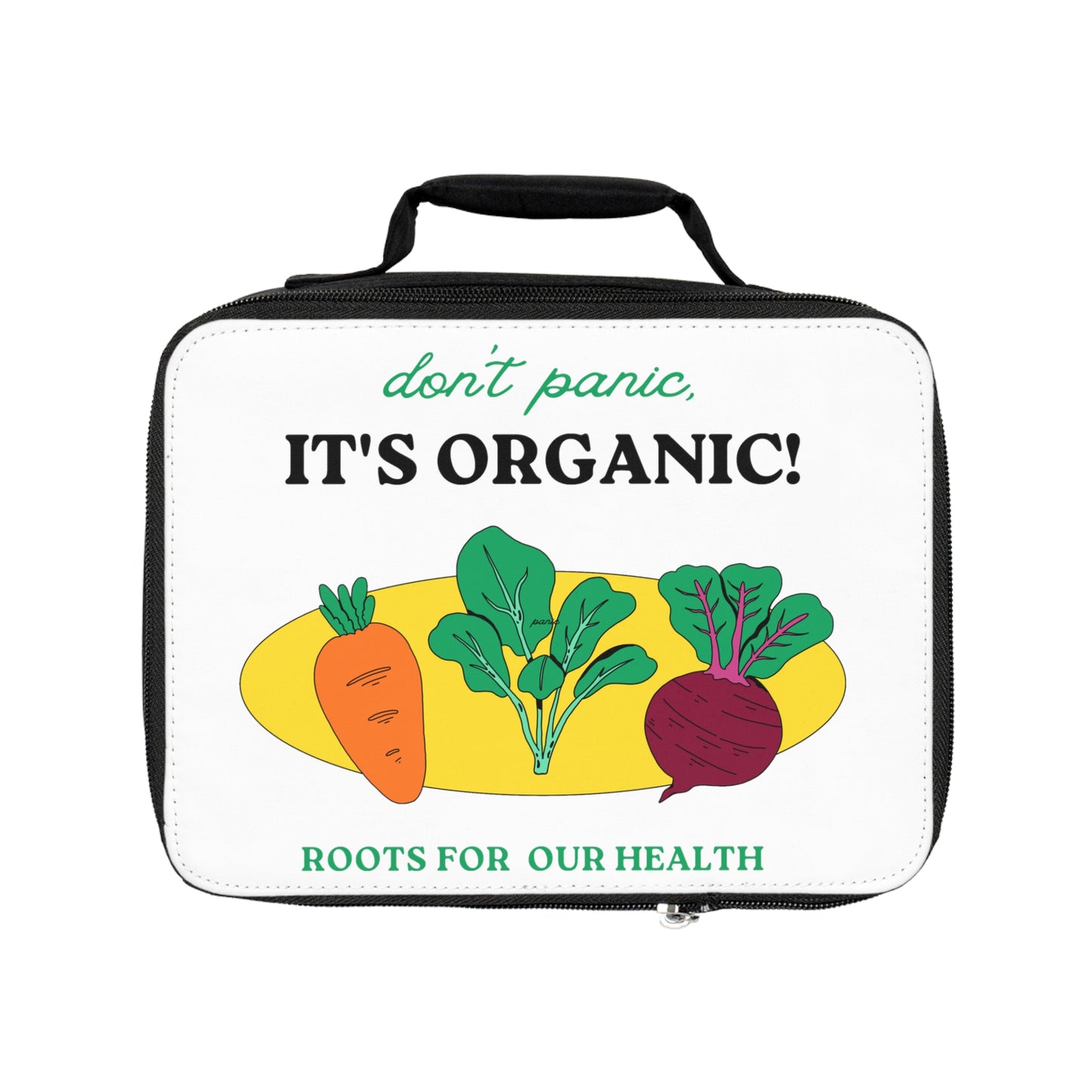 PoM's collection series "Don't panic ... It's Organic!" ... insulated Lunch Bag (with zippered closure & carrying handle)