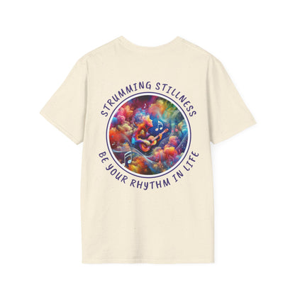 PoM's Mindfulness & Music collection ... "STRUMMING STILLNESS" T-Shirt (Unisex, Softstyle, 100% Cotton, up to 5 sizes and 11 colours)