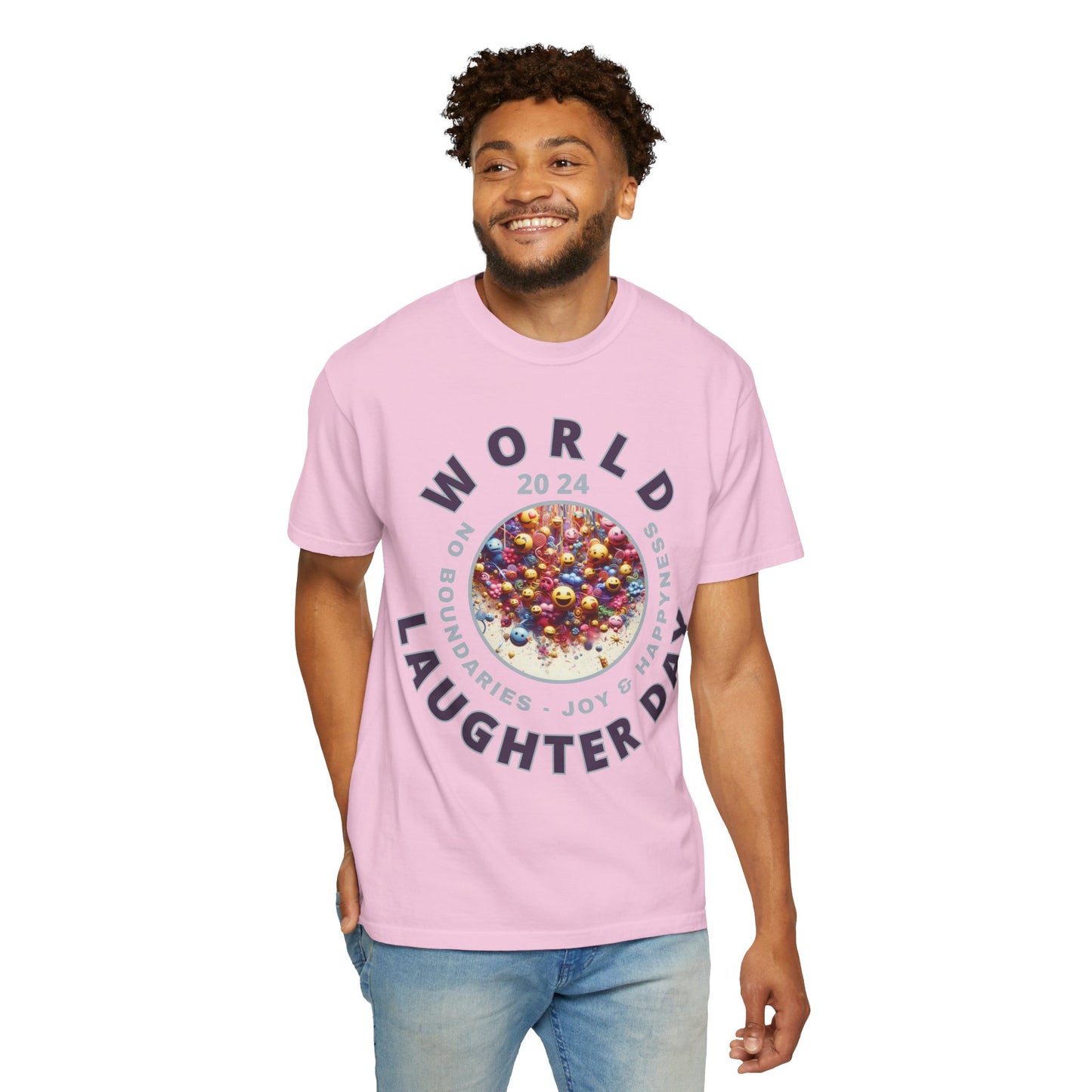 PoM's series Mindfulness & Self motivation ... World LAUGHTER Day ... Unisex Garment-Dyed T-shirt (100% pre-shrunk cotton, soft washed - six sizes (S-3XL), 16 background colours)