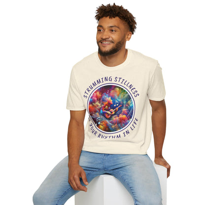 PoM's Mindfulness & Music collection ... "STRUMMING STILLNESS" T-Shirt (Unisex, Softstyle, 100% Cotton, up to 5 sizes and 11 colours)