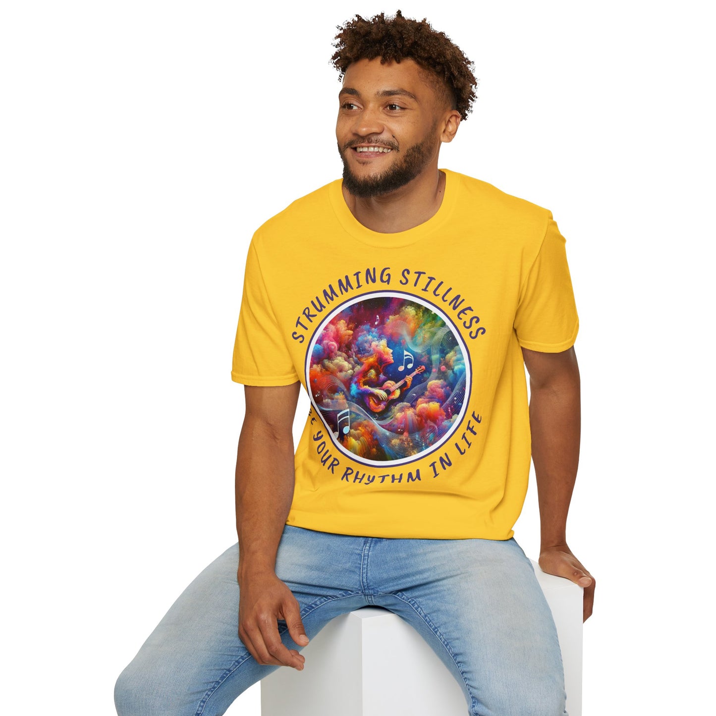 PoM's Mindfulness & Music collection ... "STRUMMING STILLNESS" T-Shirt (Unisex, Softstyle, 100% Cotton, up to 5 sizes and 11 colours)