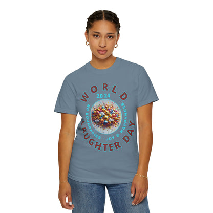 PoM's series Mindfulness & Self motivation ... World LAUGHTER Day ... Unisex Garment-Dyed T-shirt (100% pre-shrunk cotton, soft washed - six sizes (S-3XL), 13 background colours)