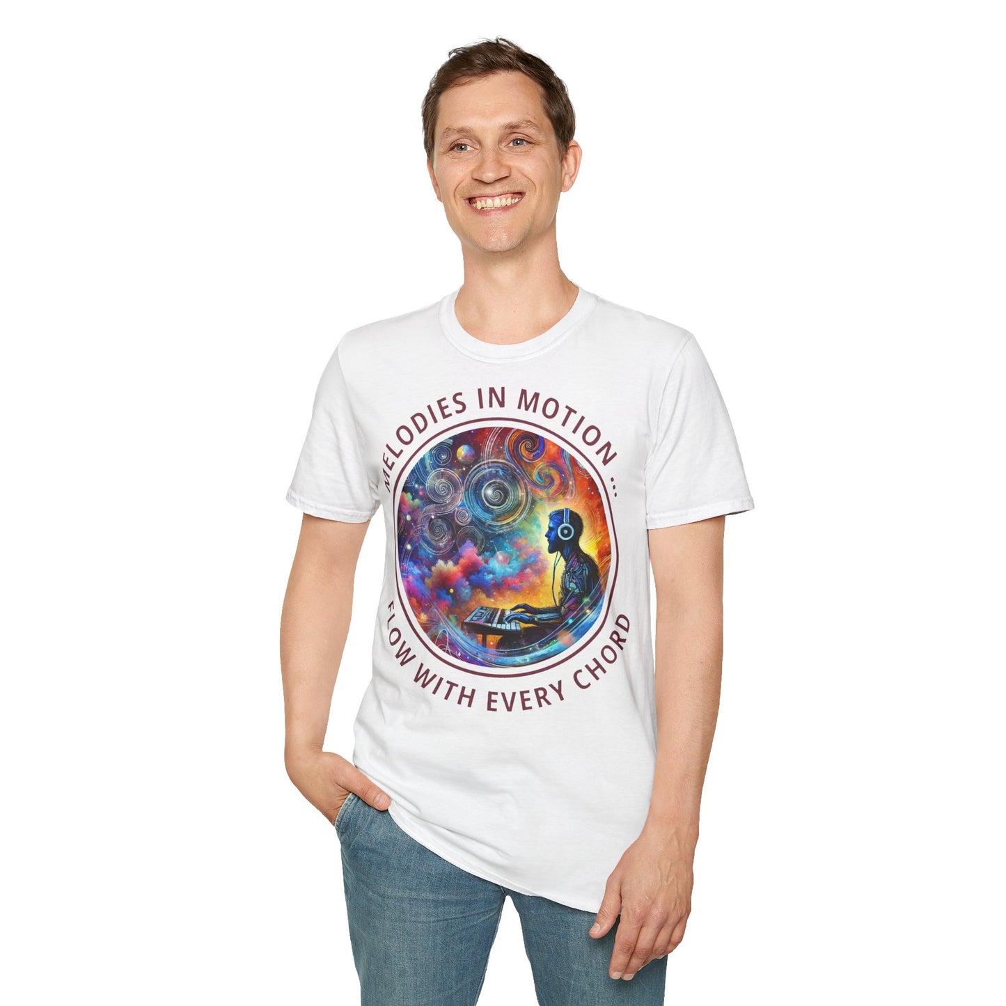 PoM's Mindfulness & Music collection ... "MELODIES IN MOTION" T-Shirt (Unisex, Softstyle, 100% Cotton, up to 5 sizes and up to 13 colours)