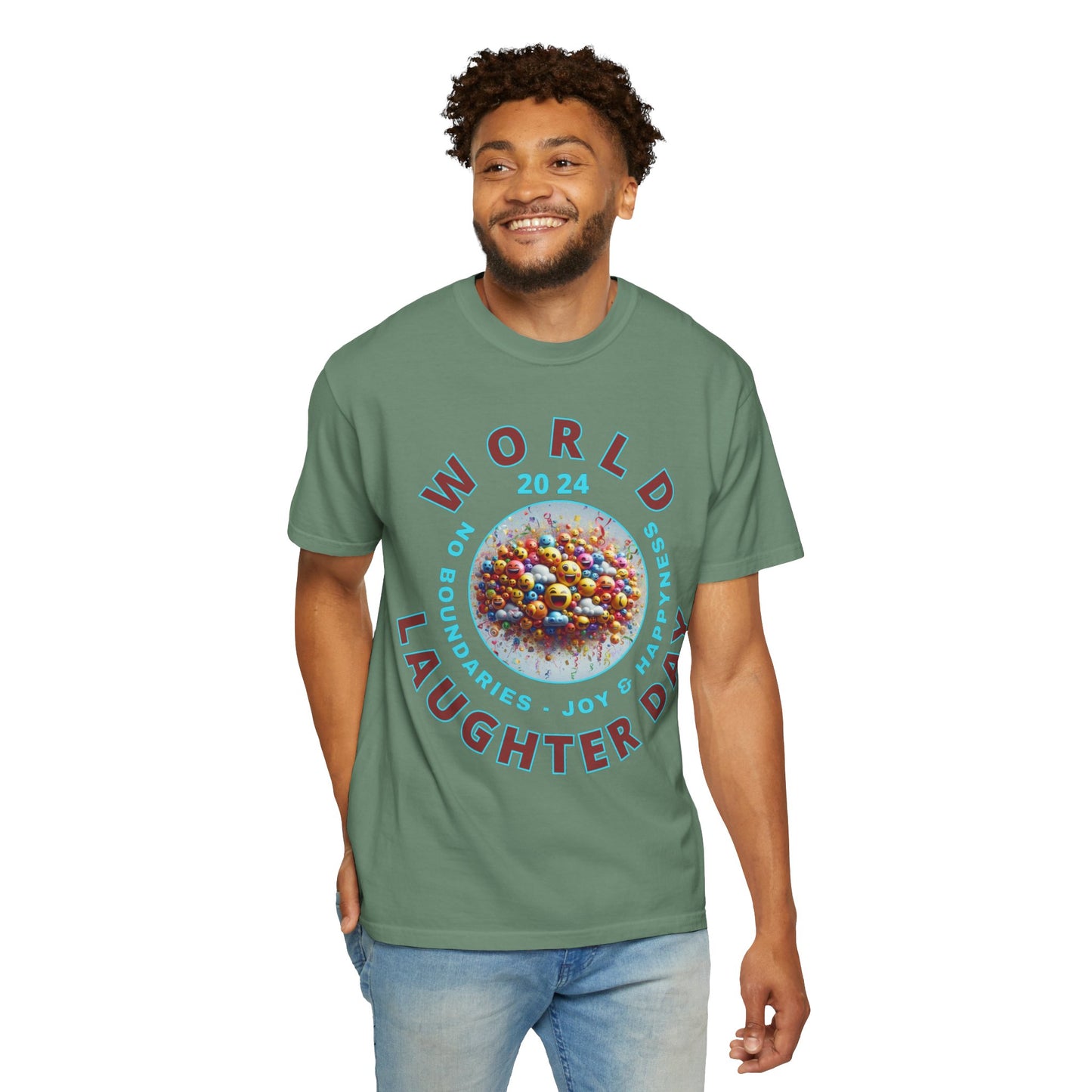 PoM's series Mindfulness & Self motivation ... World LAUGHTER Day ... Unisex Garment-Dyed T-shirt (100% pre-shrunk cotton, soft washed - six sizes (S-3XL), 13 background colours)