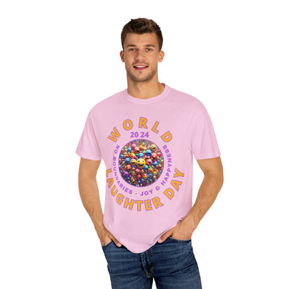 PoM's series Mindfulness & Self motivation ... World LAUGHTER Day ... Unisex Garment-Dyed T-shirt (100% pre-shrunk cotton, soft washed - six sizes (S-3XL), 9 background colours)