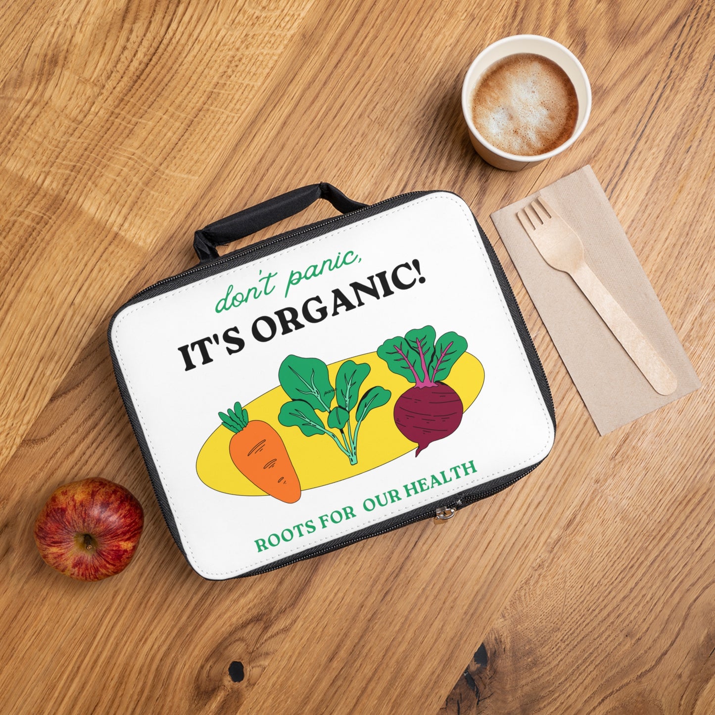 PoM's collection series "Don't panic ... It's Organic!" ... insulated Lunch Bag (with zippered closure & carrying handle)