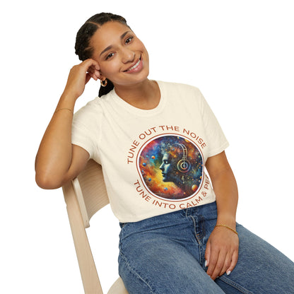 PoM's Music for Mindfulness Collection ... "TUNE INTO CALM & PEACE ..." T-Shirt (Unisex, Softstyle, 100% Cotton, up to 6 sizes and 14 colours)