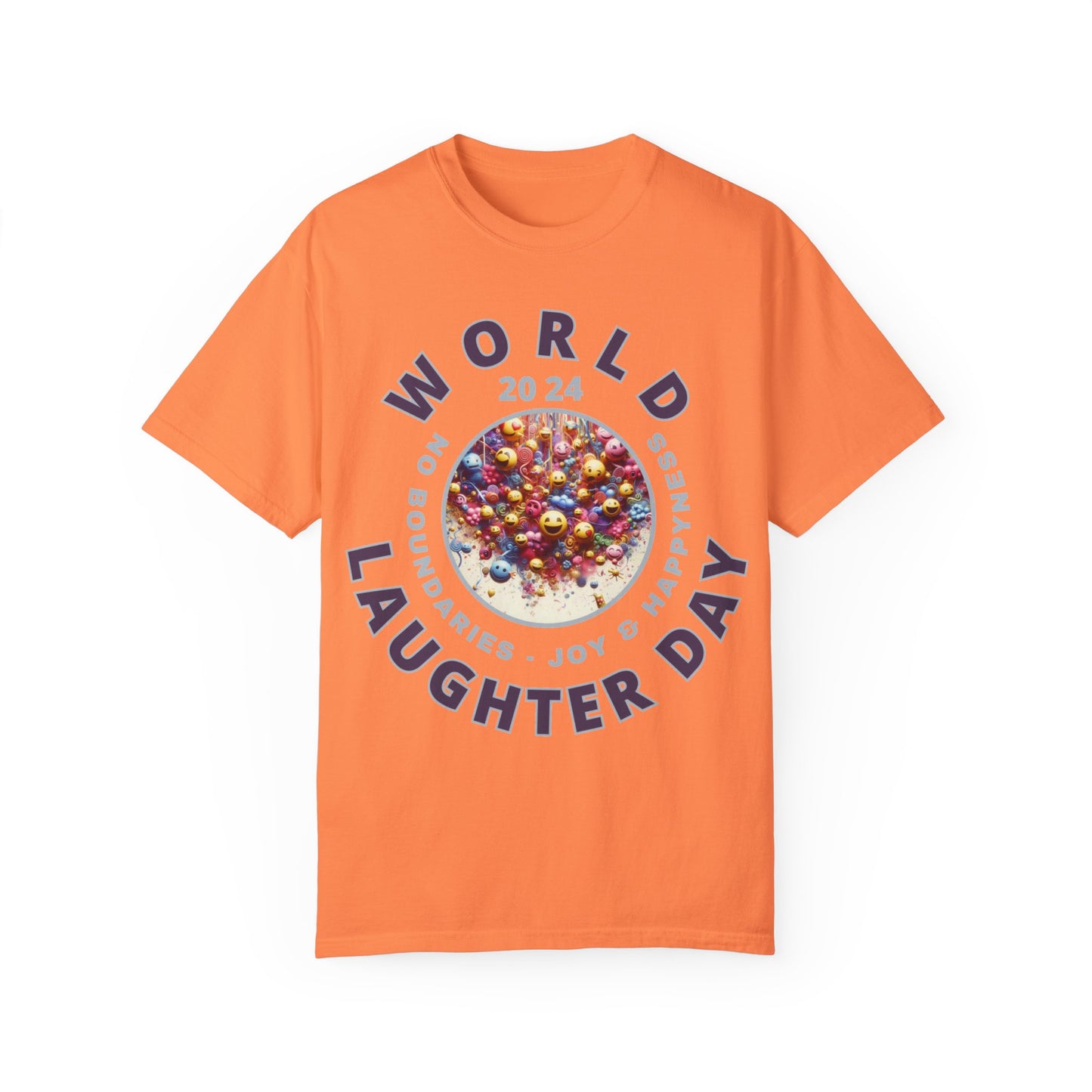 PoM's series Mindfulness & Self motivation ... World LAUGHTER Day ... Unisex Garment-Dyed T-shirt (100% pre-shrunk cotton, soft washed - six sizes (S-3XL), 16 background colours)