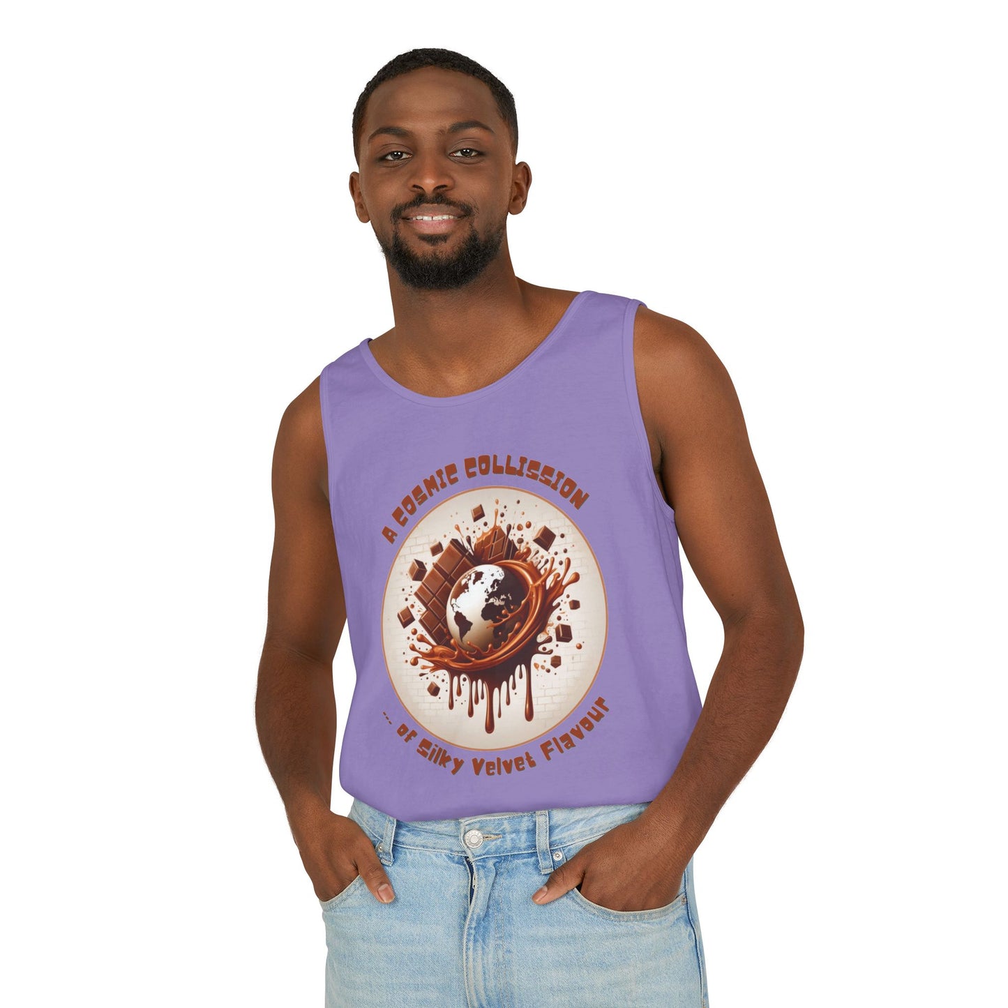 PoM's Fun & Joy for a Happy Life Collection ... COSMIC COLLISION ... Garment-Dyed TANK Top (unisex, 100% cotton, 7 sizes, up to 16 colors)