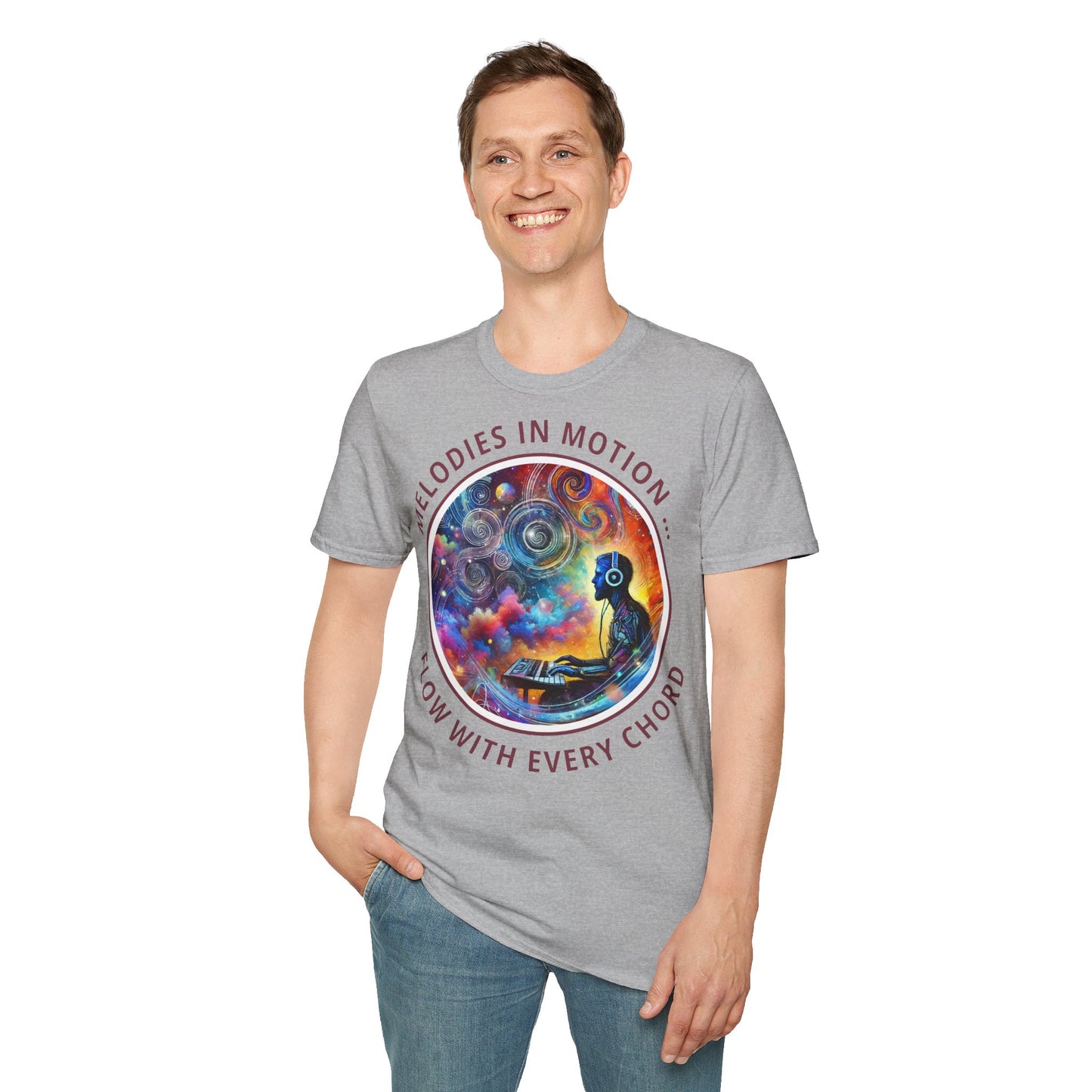 PoM's Mindfulness & Music collection ... "MELODIES IN MOTION" T-Shirt (Unisex, Softstyle, 100% Cotton, up to 5 sizes and up to 13 colours)