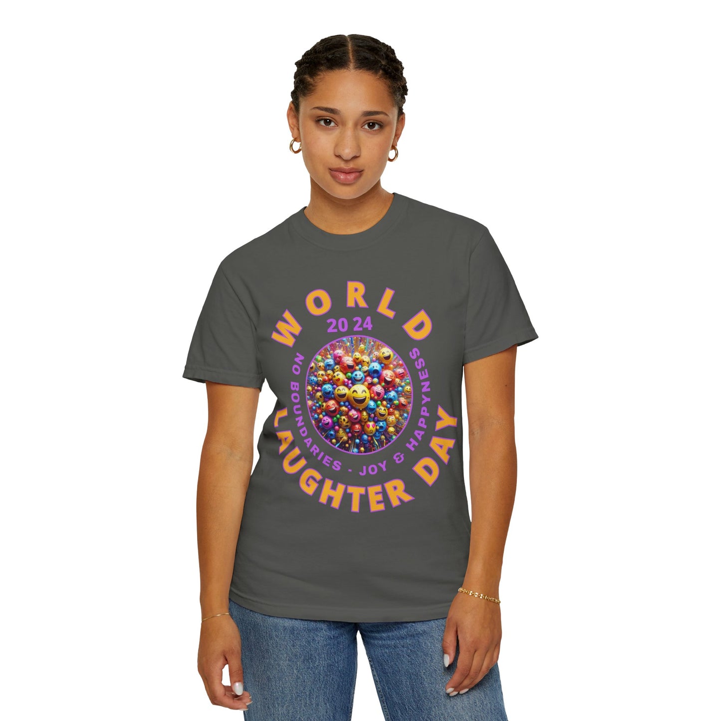 PoM's series Mindfulness & Self motivation ... World LAUGHTER Day ... Unisex Garment-Dyed T-shirt (100% pre-shrunk cotton, soft washed - six sizes (S-3XL), 9 background colours)