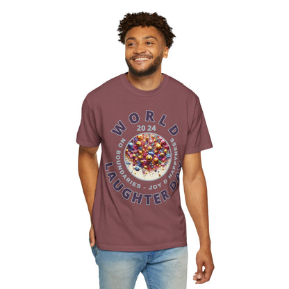 PoM's series Mindfulness & Self motivation ... World LAUGHTER Day ... Unisex Garment-Dyed T-shirt (100% pre-shrunk cotton, soft washed - six sizes (S-3XL), 16 background colours)