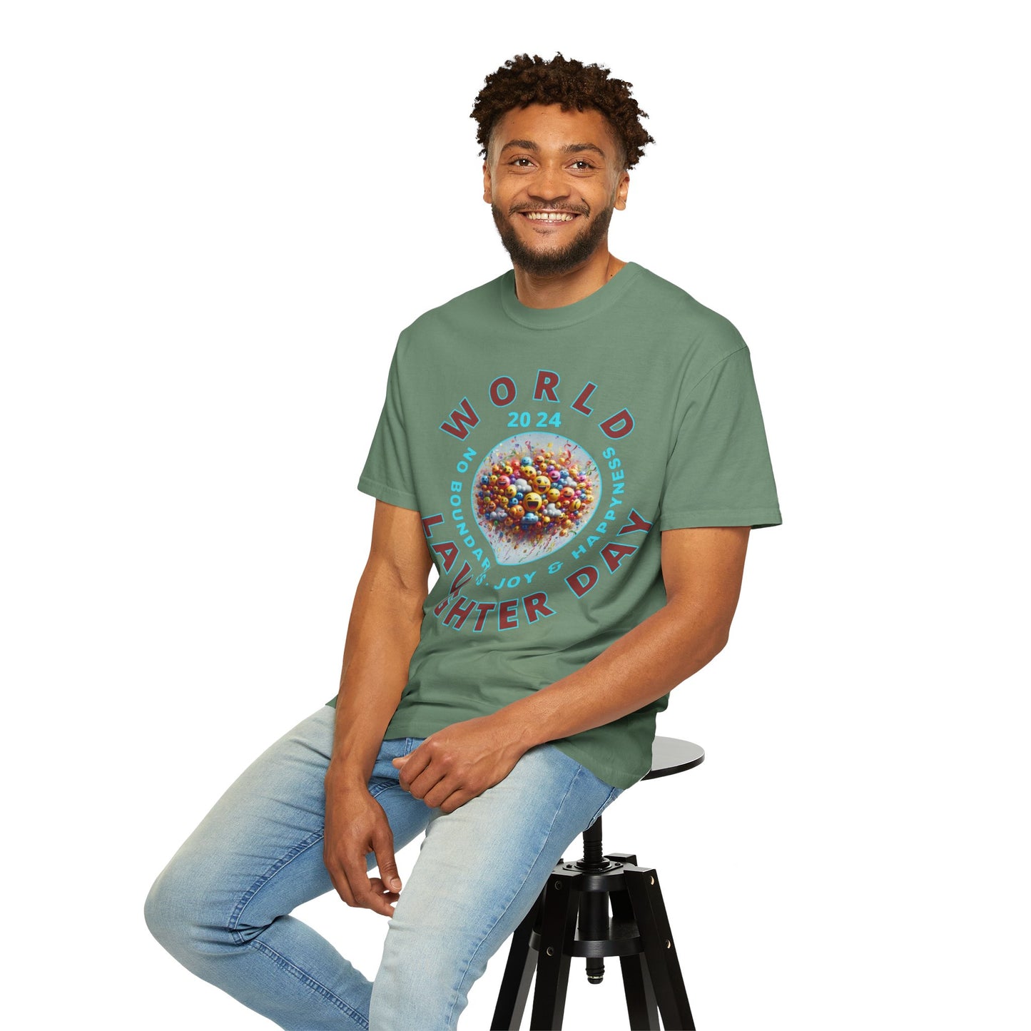 PoM's series Mindfulness & Self motivation ... World LAUGHTER Day ... Unisex Garment-Dyed T-shirt (100% pre-shrunk cotton, soft washed - six sizes (S-3XL), 13 background colours)