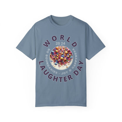 PoM's series Mindfulness & Self motivation ... World LAUGHTER Day ... Unisex Garment-Dyed T-shirt (100% pre-shrunk cotton, soft washed - six sizes (S-3XL), 16 background colours)