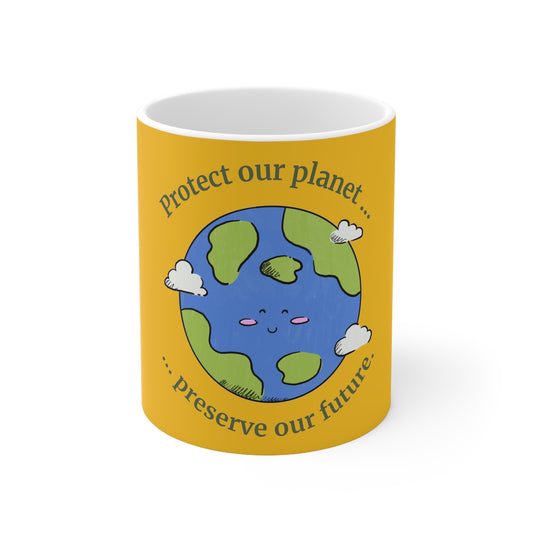 PoM's International EARTH Day series "Protect our Planet ..." YL background / White Ceramic Mug (11oz/0.33 l, BPA and lead-free, microwave & dishwasher-safe)