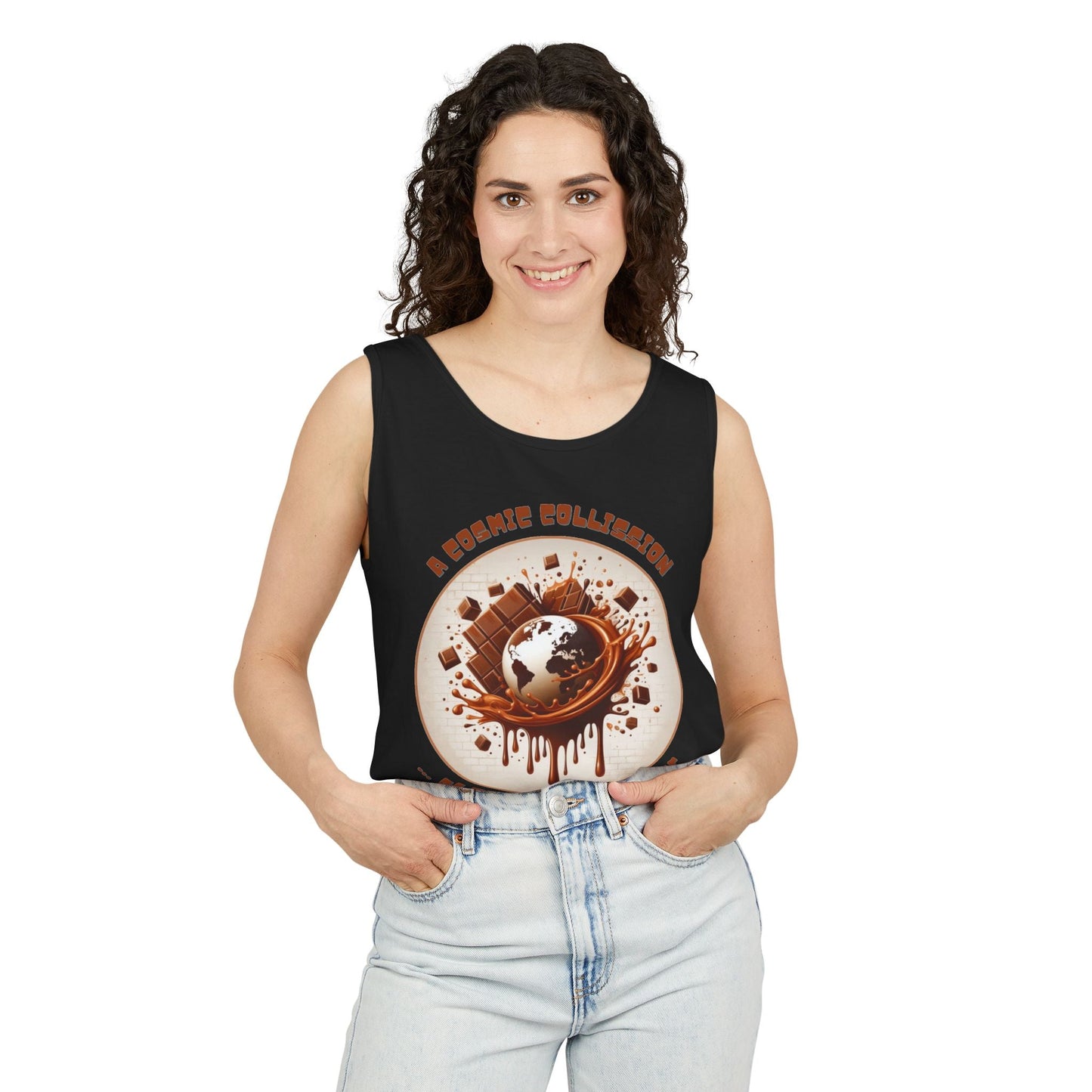 PoM's Fun & Joy for a Happy Life Collection ... COSMIC COLLISION ... Garment-Dyed TANK Top (unisex, 100% cotton, 7 sizes, up to 16 colors)