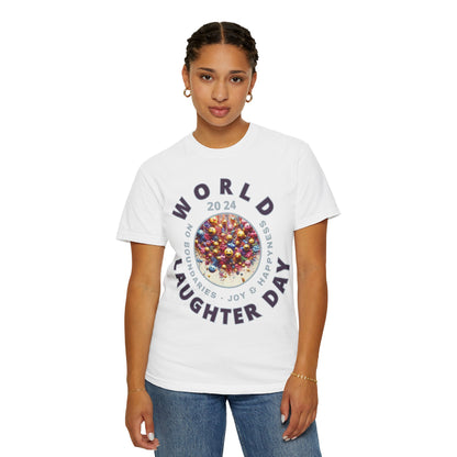 PoM's series Mindfulness & Self motivation ... World LAUGHTER Day ... Unisex Garment-Dyed T-shirt (100% pre-shrunk cotton, soft washed - six sizes (S-3XL), 16 background colours)