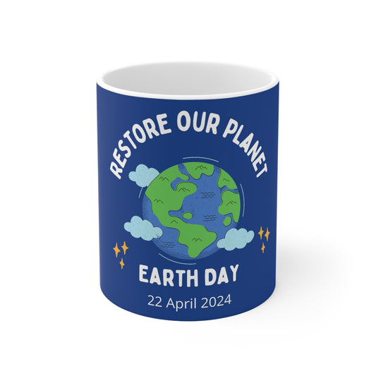 PoM's International EARTH Day series "Restore our Planet ..." Blue background / White Ceramic Mug (11oz/0.33 l, BPA and lead-free, microwave & dishwasher-safe)