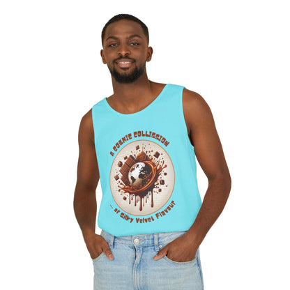 PoM's Fun & Joy for a Happy Life Collection ... COSMIC COLLISION ... Garment-Dyed TANK Top (unisex, 100% cotton, 7 sizes, up to 16 colors)