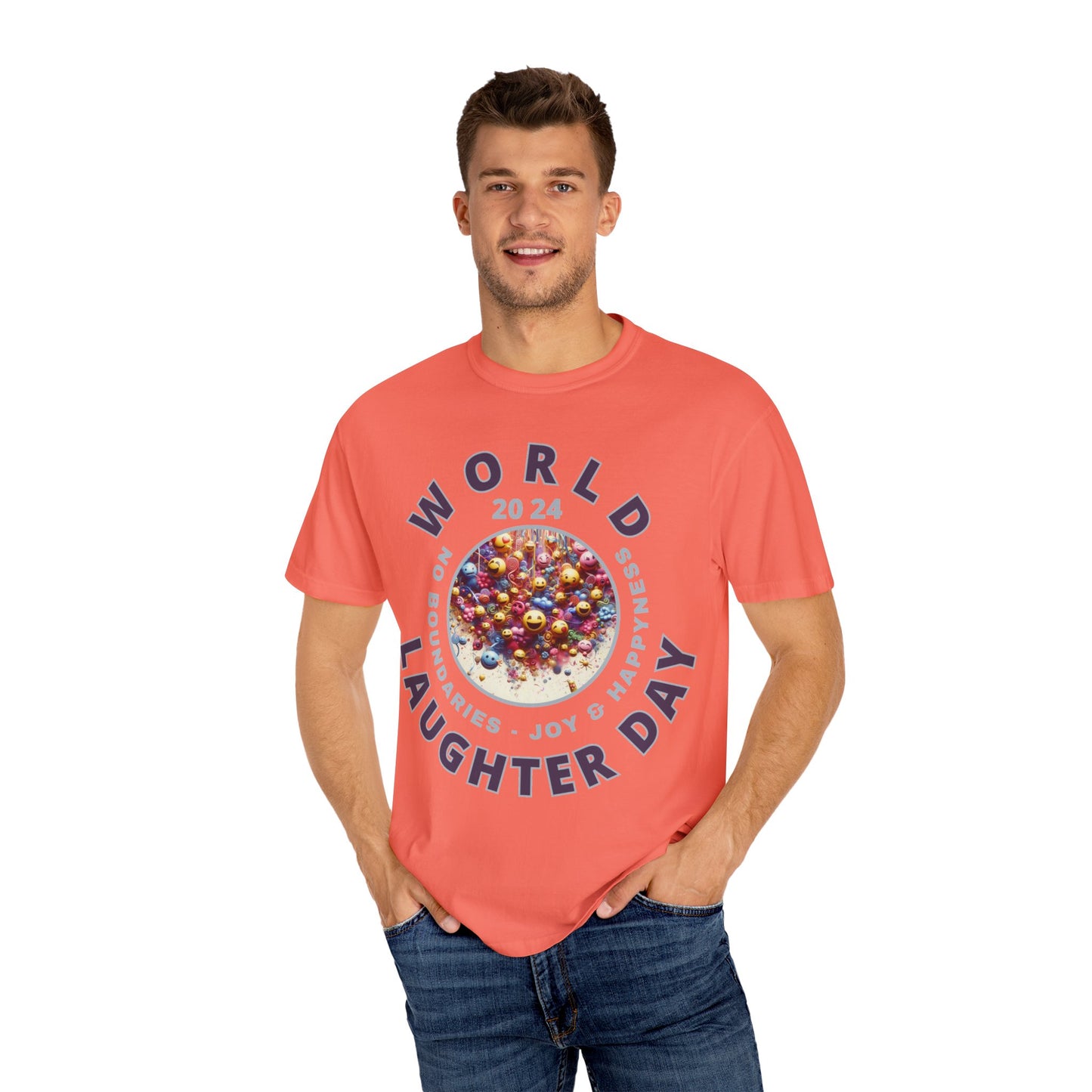 PoM's series Mindfulness & Self motivation ... World LAUGHTER Day ... Unisex Garment-Dyed T-shirt (100% pre-shrunk cotton, soft washed - six sizes (S-3XL), 16 background colours)