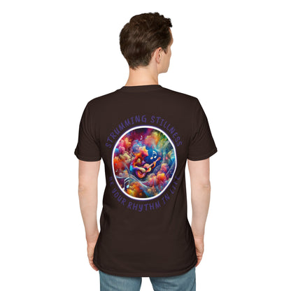 PoM's Mindfulness & Music collection ... "STRUMMING STILLNESS" T-Shirt (Unisex, Softstyle, 100% Cotton, up to 5 sizes and 11 colours)