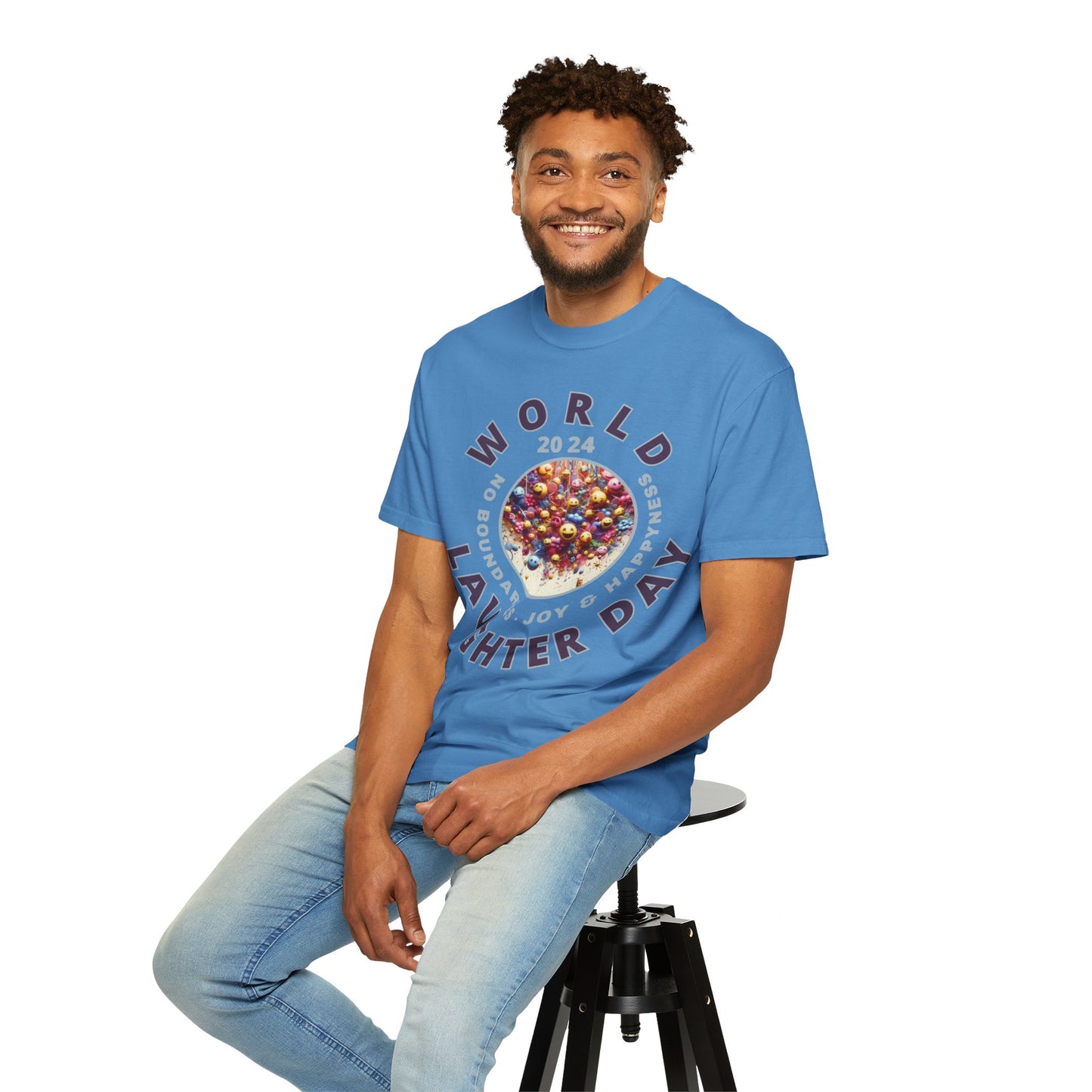 PoM's series Mindfulness & Self motivation ... World LAUGHTER Day ... Unisex Garment-Dyed T-shirt (100% pre-shrunk cotton, soft washed - six sizes (S-3XL), 16 background colours)